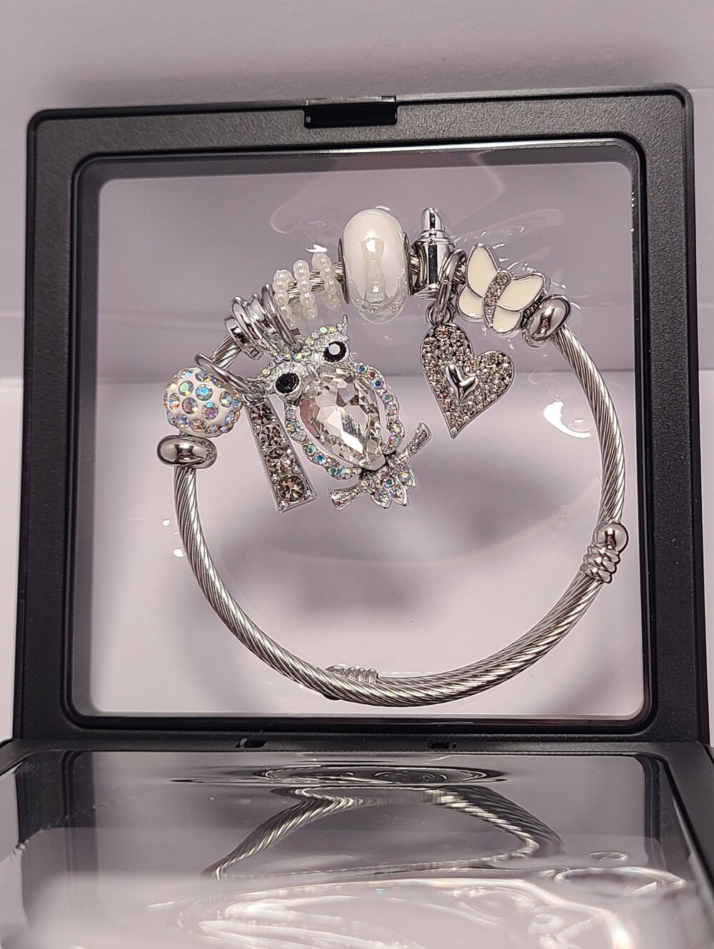 Silver Crystal Owl Charm Bangle Bracelet - White and Clear